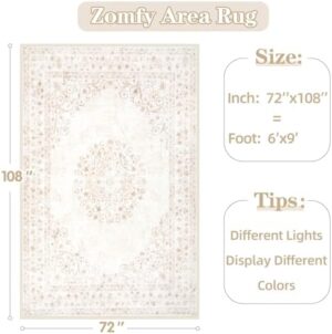 Area Rug 6x9 Vintage Rug: Washable Indoor Medallion Rugs Low Pile Distressed Floor Carpet Retro Accent Rug for Living Room Bedroom Kitchen Dining Table Home Office(Distressed Beige, 6'x9') - Image 2