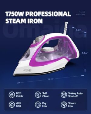 Steam Iron for Clothes, 1750W with Rapid Heating Ceramic Coated Soleplate, Clothing Iron with Adjustable Precise Thermostat Dial, Self-Cleaning, Auto-Off, 15.21oz Water Tank for Daily Ironing Use, PURPLE - Image 5