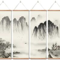 Landscape Painting,Chinese Ancient Architecture Posters and Prints,traditional Ink Decor,Wall Art Black and White for Living Room Bedroom,4 Piece Set Fixed Wooden Hanging Scroll (landscape, 12”x36”x4piece)