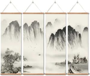 Landscape Painting,Chinese Ancient Architecture Posters and Prints,traditional Ink Decor,Wall Art Black and White for Living Room Bedroom,4 Piece Set Fixed Wooden Hanging Scroll (landscape, 12”x36”x4piece)