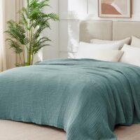 100% Cotton Muslin Blanket Queen 90" x 90", 6 Layers Breathable and Lightweight Cotton Throw Blanket for Bed, Soft Quilt Bedspread Coverlet, Gauze Blanket for Adults All Season, Teal