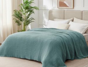 100% Cotton Muslin Blanket Queen 90" x 90", 6 Layers Breathable and Lightweight Cotton Throw Blanket for Bed, Soft Quilt Bedspread Coverlet, Gauze Blanket for Adults All Season, Teal
