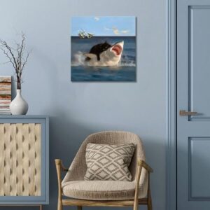 Yaneiro Framed Black Cat Wall Art, Funny Quirky Cat and Shark Pictures Canvas Print, Abstract Black Cat Shark Posters Wall Decor for Room Bedroom Living Room Bathroom 20x20 inch - Image 9