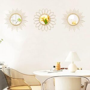 3 Pack Metal Mirrors for Wall Sunburst Wall Mirrors Home Décor Decorative Hanging Wall Art for Living Room Bedroom Entryway (Gold, Flower+Sunburst) - Image 5