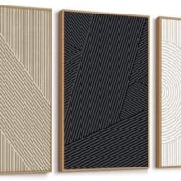 QICIFA Neutral Modern Line Framed Canvas Wall Art Set of 3, 16"x24" Large Abstract Art Wall Decor for Living Room, Beige and Black Boho Art Print for Bedroom Office