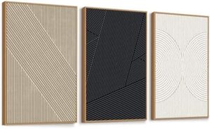 QICIFA Neutral Modern Line Framed Canvas Wall Art Set of 3, 16"x24" Large Abstract Art Wall Decor for Living Room, Beige and Black Boho Art Print for Bedroom Office