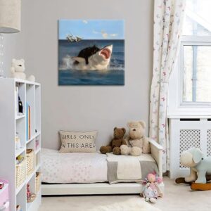 Yaneiro Framed Black Cat Wall Art, Funny Quirky Cat and Shark Pictures Canvas Print, Abstract Black Cat Shark Posters Wall Decor for Room Bedroom Living Room Bathroom 20x20 inch - Image 2