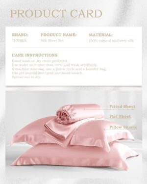 THXSILK 100% Mulberry Silk Sheet Set, 7A+ Silk Sheet Set Soft Breathable, Luxury Bedding (1 Flat Sheet, 1 Fitted Sheet, 2 Pillow Shams) California King, Charming Pink - Image 7