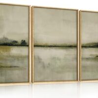 KAIRNE Abstract Mountain Lake Wall Art Set, 3 piece Textured Canvas Wall Decor, Framed Nordic Neutral Tan Wall Painting, Nature Landscape Art Print for Bedroom, Living Room, Office - 24"x36"x3