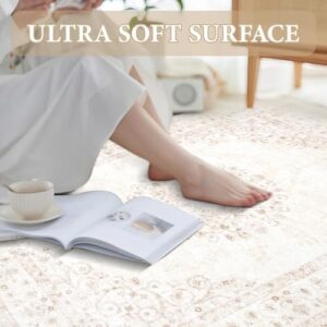 Area Rug 6x9 Vintage Rug: Washable Indoor Medallion Rugs Low Pile Distressed Floor Carpet Retro Accent Rug for Living Room Bedroom Kitchen Dining Table Home Office(Distressed Beige, 6'x9') - Image 5