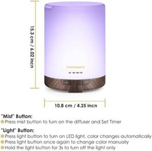 URPOWER 2nd Gen 300ml Aroma Essential Oil Diffuser Night Light Ultrasonic Air Cool Mist Humidifier with AUTO Shut Off and 6-7 Hours Continuous Diffusing and 4 Timer Settings for Home Office Yoga Spa - Image 3
