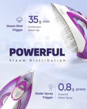 Steam Iron for Clothes, 1750W with Rapid Heating Ceramic Coated Soleplate, Clothing Iron with Adjustable Precise Thermostat Dial, Self-Cleaning, Auto-Off, 15.21oz Water Tank for Daily Ironing Use, PURPLE - Image 4