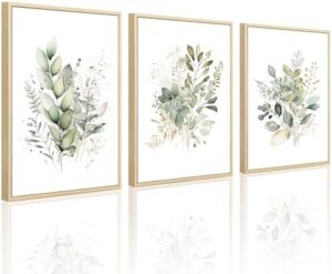 Joocrise Watercolor Botanical Wall Art Set of 3 Boho Floral Canvas Wall Decor Prints Sage Green Wildflower Wall Art Modern Flower Pictures Botanical Painting for Bedroom Bathroom 16x24 Inch Framed