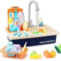 BOBXIN Play Sink with Running Water, Kids Play Kitchen Toy Sink Electric Dishwasher, Pretend Role Play Kitchen Toys Set with Upgraded Working Faucet and Dishes Playset for Girls, Toddler and Boys