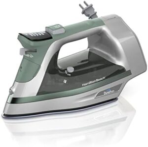 Hamilton Beach Steam Iron & Vertical Steamer for Clothes with Scratch-Resistant Durathon Soleplate, Digital Fabric Selector + 8’ Retractable Cord, 3-Way Auto Shutoff, Anti-Drip, 1800 Watts, Green