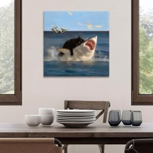 Yaneiro Framed Black Cat Wall Art, Funny Quirky Cat and Shark Pictures Canvas Print, Abstract Black Cat Shark Posters Wall Decor for Room Bedroom Living Room Bathroom 20x20 inch - Image 3