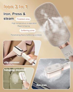 Travel Steamer for Clothes, 3 in 1 Portable Handheld Steamer, Steam Iron Wet & Dry Ironing,15s Fast Heat Up, 180° Flip, 1000W Light Mini Steam Iron for Travel and Home (Beige) - Image 4