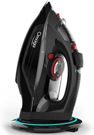 [2023 UPGRADE] OMAIGA Cordless Iron, 1500W Cordless Iron with Steam for Clothes with 11.84oz Water Tank, Anti Drip Iron Cordless with Ceramic Soleplate, Iron for Clothes with 3 Temperature Settings-BLACK