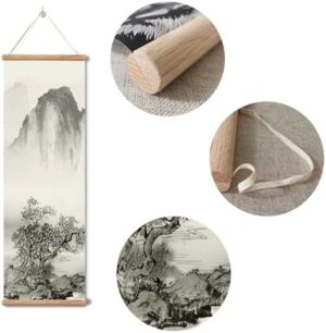 Landscape Painting,Chinese Ancient Architecture Posters and Prints,traditional Ink Decor,Wall Art Black and White for Living Room Bedroom,4 Piece Set Fixed Wooden Hanging Scroll (landscape, 12”x36”x4piece) - Image 3