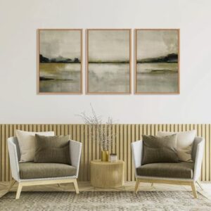 KAIRNE Abstract Mountain Lake Wall Art Set, 3 piece Textured Canvas Wall Decor, Framed Nordic Neutral Tan Wall Painting, Nature Landscape Art Print for Bedroom, Living Room, Office - 24"x36"x3 - Image 4