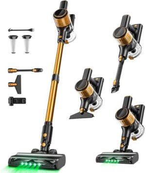 Cordless Vacuum Cleaner, 8 in 1 Powerful Suction Lightweight Vacuum Cleaner for Home, LED Display, 3 Suction Modes, 45Mins Detachable Battery Vacuum for Hard Floor Carpet Pet Hair, Golden