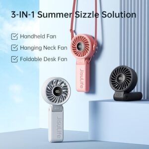 JISULIFE Handheld Fan Life7 – Ultimate Flexibility: High-Power Motor, LED Display, 19.5 Hrs Cooling, 5000mAh Rechargeable, 5-Speed, Foldable Design, 3-IN-1 Portable Fan for Travel Cruise Beach(Grey) - Image 7