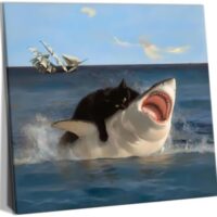 Yaneiro Framed Black Cat Wall Art, Funny Quirky Cat and Shark Pictures Canvas Print, Abstract Black Cat Shark Posters Wall Decor for Room Bedroom Living Room Bathroom 20x20 inch