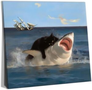 Yaneiro Framed Black Cat Wall Art, Funny Quirky Cat and Shark Pictures Canvas Print, Abstract Black Cat Shark Posters Wall Decor for Room Bedroom Living Room Bathroom 20x20 inch