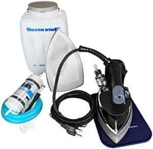 Silver Star ES-300 Steam Iron – 110 Volt Gravity Fed Hanging Bottle Clothes Iron with Non-Stick Laminate Sole Plate, Demineralizer Cartridge, Silicon Iron Rest & Hardware