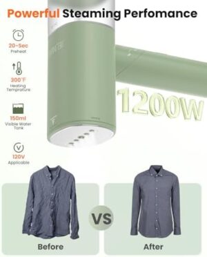 Handheld Steamer for Clothes, 1200W Foldable Travel Steamer, 20 Sec Preheat Garments Wrinkle Remover, 120V Portable Hand Iron with 150ml Water Tank, Clothes Steamer for Home Travel-Green - Image 2