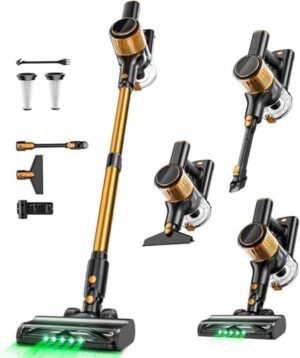 Cordless Vacuum Cleaner, 8 in 1 Powerful Suction Lightweight Vacuum Cleaner for Home, LED Display, 3 Suction Modes, 45Mins Detachable Battery Vacuum for Hard Floor Carpet Pet Hair, Golden