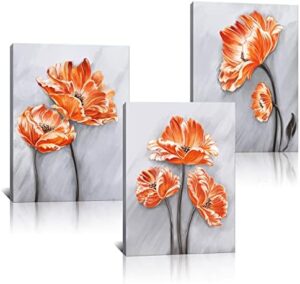 Derkymo 3 Panels Elegant Poppy Wall Painting Orange Flower Canvas Wall Art Pictures of Poppy Flowers for Home Decoration Stretched and Framed Easy to Hang 12"x16"x3pcs