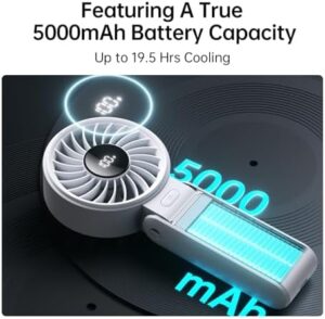 JISULIFE Handheld Fan Life7 – Ultimate Flexibility: High-Power Motor, LED Display, 19.5 Hrs Cooling, 5000mAh Rechargeable, 5-Speed, Foldable Design, 3-IN-1 Portable Fan for Travel Cruise Beach(Grey) - Image 4