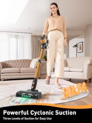 Cordless Vacuum Cleaner, 8 in 1 Powerful Suction Lightweight Vacuum Cleaner for Home, LED Display, 3 Suction Modes, 45Mins Detachable Battery Vacuum for Hard Floor Carpet Pet Hair, Golden - Image 2