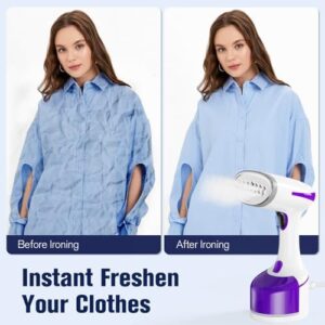 DBC 1500W Steamer for Clothes With 250ml Water Tank, 20S Fast Heat-up Portable Handheld Garment, 2 in 1 Fabric Wrinkle Remover and Clothing Iron with Brush - Purple - Image 4