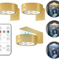 3Pcs Battery Operated Picture Light, Magnetic Led Painting Light with Remote Dimmable and Timer, 3 Lighting Modes Art Display Light for Picture Frame Paintings, Wireless Wall Decor Puck Lights, Gold