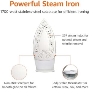Amazon Basics Steam Iron For Clothes, Handheld Steamer, Steel Soleplate, 1700-Watt, Gray, 1.62ft - Image 2