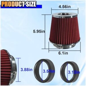 Universal Clamp-On Air Intake Filter, High Flow Closed-Top Cool Air Filter Cleaner, 76 89 102MM Performance Round Tapered Cone Air Filters, Washable Replacement Filter for Car Truck (Red) - Image 2