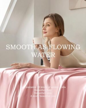 THXSILK 100% Mulberry Silk Sheet Set, 7A+ Silk Sheet Set Soft Breathable, Luxury Bedding (1 Flat Sheet, 1 Fitted Sheet, 2 Pillow Shams) California King, Charming Pink - Image 4