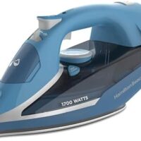 Hamilton Beach Steam Iron for Clothes & Garment Steamer with Durable Stainless Steel Soleplate, 1700 Watts for Ultra-Fast Heat, 8’ Retractable Cord, Auto Shutoff, 350 ml Water Tank, Blue (14216)