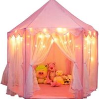 ORIAN Princess Castle Playhouse Tent for Girls with LED Star Lights – Indoor & Outdoor Large Kids Play Tent for Imaginative Games – ASTM Certified, 230 Polyester Taffeta. Pink 55"x53".