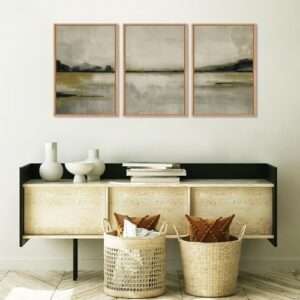 KAIRNE Abstract Mountain Lake Wall Art Set, 3 piece Textured Canvas Wall Decor, Framed Nordic Neutral Tan Wall Painting, Nature Landscape Art Print for Bedroom, Living Room, Office - 24"x36"x3 - Image 5