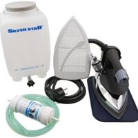 Silver Star ES-300 220 Volt Gravity-Fed Steam Iron - Hanging Bottle Gravity Feed Steam Iron with Non-Stick Laminate Sole Plate, Demineralizer Cartridge & Silicone Iron Rest