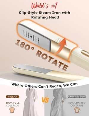 Travel Steamer Iron Portable, Rylena 180° Rotatable Handheld Press Iron for Clothes, Curtains, 2025 LeakProof & Anti-Drip Tech, Fast De-Wrinkle, Crisp Crease, XL Tank, Easy Grip, Apt, Cruise,Dorm - Image 2