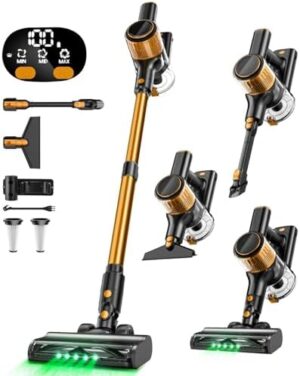 Cordless Vacuum Cleaner, 8-in-1 Powerful Stick Vacuum with Upgraded Green LED Light, Anti-Tangle Brush, 40min Runtime, Lightweight Rechargeable Vacuum for Home (Orange)