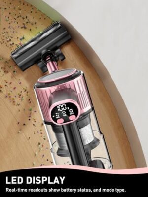 Cordless Vacuum Cleaner, 8 in 1 Powerful Suction Lightweight Vacuum Cleaner for Home, LED Display, 3 Suction Modes, 45Mins Detachable Battery Vacuum for Hard Floor Carpet Pet Hair, Pink - Image 3
