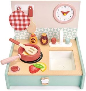 Tender Leaf Toys - Mini Chef Kitchenette - Foldable Portable Wooden Kitchen with Accessories for Pretend Cooking – Develops Social, Creative and Imaginative Skills - Learning Role Play - Age 3+