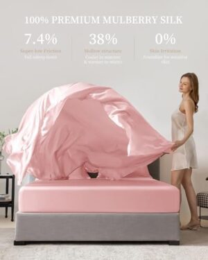 THXSILK 100% Mulberry Silk Sheet Set, 7A+ Silk Sheet Set Soft Breathable, Luxury Bedding (1 Flat Sheet, 1 Fitted Sheet, 2 Pillow Shams) California King, Charming Pink - Image 3