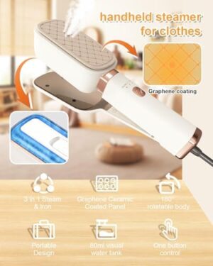 Travel Steamer for Clothes, 3 in 1 Portable Handheld Steamer, Steam Iron Wet & Dry Ironing,15s Fast Heat Up, 180° Flip, 1000W Light Mini Steam Iron for Travel and Home (Beige) - Image 2