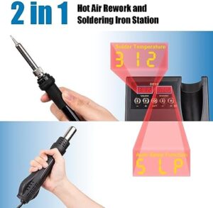 14pcs Soldering Station, 2 in 1 Hot Air Functions Digital Display Soldering Iron Soldering Kit, 8898 Portable SMD Rework Station, ºC/ºF Cool/Hot Air Conversion and Auto Sleep - Image 2